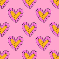 1970 psychedelic seamless pattern. 1970s good vibes hearts ornament. 1960 retro Valentine. Hippie peace and love. Funky and groove card. Trippy art.Hippie wallpaper background poster	