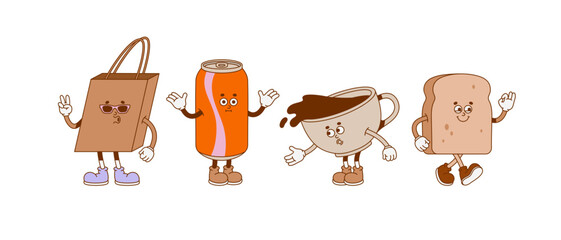 The hand-drawn retro character of a paper bag, soda can, coffee cup, bread slice. Vector illustration in trendy retro cartoon style. 