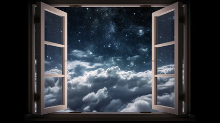 Starry Night Sky Through a Window, Galaxy-Filled View with Floating Clouds, Window to Space and Cosmic Beauty