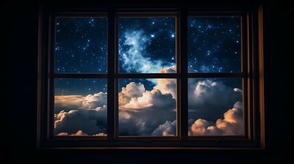 Starry Night Sky Through a Window, Galaxy-Filled View with Floating Clouds, Window to Space and Cosmic Beauty