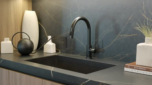 Angle view of integrated sink and black faucet with button for switching modes. Matte surface from black marble with golden pattern. Kitchen cabinetry with items for decor
