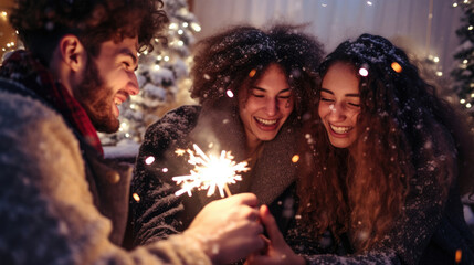 Happy friends with sparklers celebrate Christmas