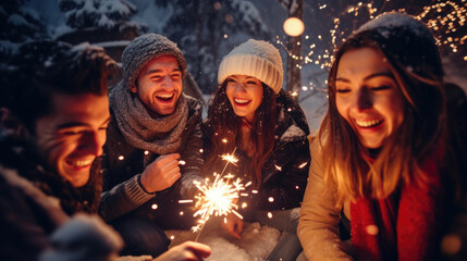 Happy friends with sparklers celebrate Christmas - obrazy, fototapety, plakaty