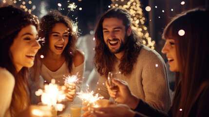 Obraz na płótnie Canvas Happy friends with sparklers celebrate Christmas