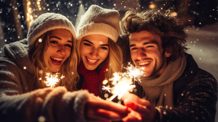 Obraz na płótnie Canvas Happy friends with sparklers celebrate Christmas