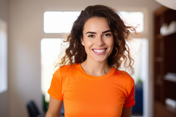 Attractive sporty young woman dressed in orange t shirt