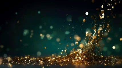 Poster Abstract green and gold shiny Christmas background with glitter and confetti. Holiday bright emerald blurred backdrop with golden particles and bokeh. © ita_tinta_