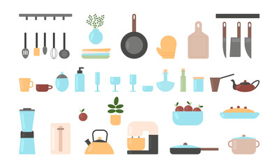 Kitchen utensils set. Kitchenware, equipment and tools for cooking. Flat vector illustration in cartoon style isolated on white background