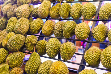 Many durian fruits on a stall in the Kuala Lumpur market