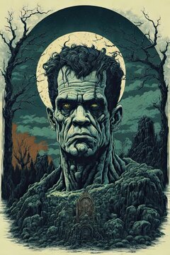 Halloween poster with Frankenstein's head sticking out of the ground in the forest with a full moon in the background. Festive cover in retro style for party decoration, invitations or advertising.