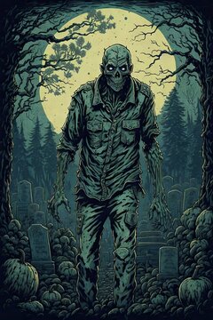 Halloween poster with zombie in a cemetery in the forest against the background of the full moon. Retro style. Festive vintage picture for party decoration, banners, affiche invitations or advertising