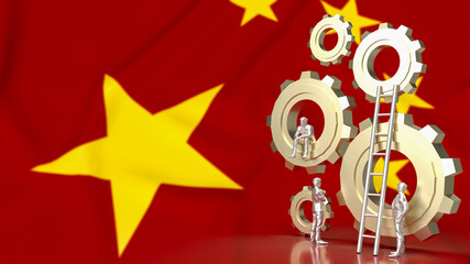 The Business man and gear group on Chinese flag Background 3d rendering
