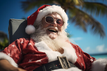 Happy Santa Claus at the beach. Generative AI