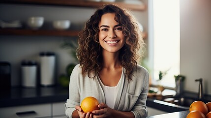 Female registered dietitian smiling, holding an orange