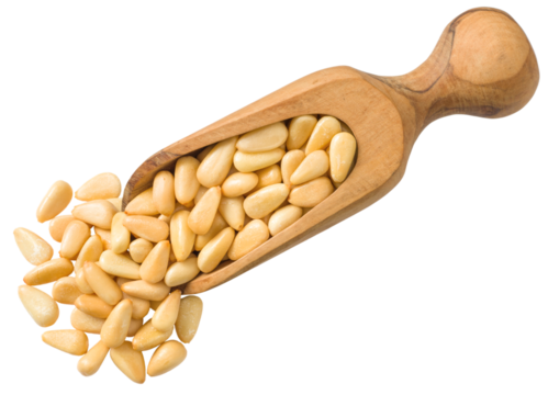 Roasted pine nuts in the wooden scoop, isolated on the white background, top view.