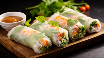Fresh Spring Rolls, Stuffed with tofu, veggies, fresh herbs and various sauces. Asian or vegetarian food. Generative AI content.