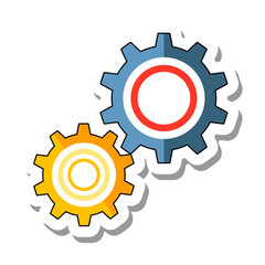 Gears of single mechanism meshed together. Equipment and spare parts for car repair shop concept. Flat paper sticker icon isolated on white background