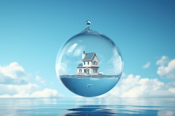 home in bubble floating on sky clear style.