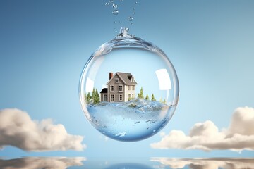 home in bubble floating on sky clear style.