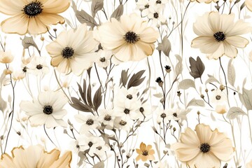 Seamless minimalistic watercolor pattern: wildflowers and herbs. AI generated