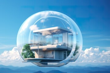 Obraz na płótnie Canvas home in bubble floating on sky clear style.