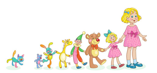 Child and toys. Сute little girl leads doll, teddy bear, clown and toy animals by the hand. In cartoon style. Isolated on white background. Vector illustration