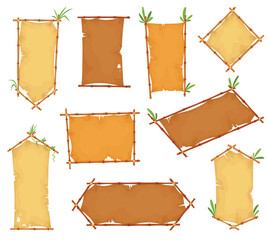 Bamboo frames parchment icons. Wooden tropical stick border. Signboard cartoon or blank papyrus banners. Vector illustration isolated on white background