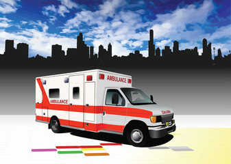Modern ambulance van on city panorama. Vector Colored 3d illustration