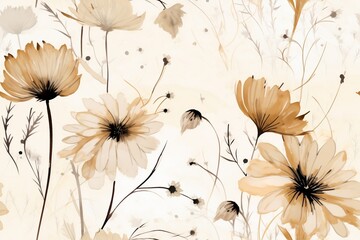Seamless minimalistic watercolor pattern: wildflowers and herbs. AI generated