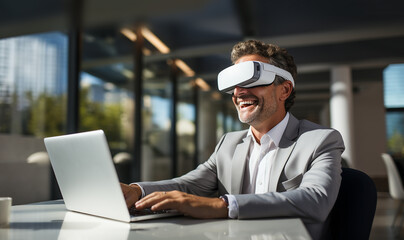 Modern businessman at the office with a vr glasses.Cyberspace experience at work. Happy man office worker wearing vr goggles, digital world, businessman in 3d glasses interacting with virtual 