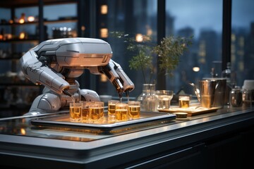 Robot arm bartender making drinks in restaurant. Created with Generative AI