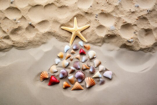 Christmass tree from shells on sand background