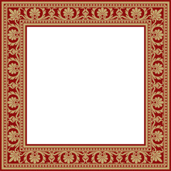 Vector gold and red square classic renaissance ornament. Endless european border, revival style frame..