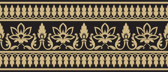 Vector seamless gold and black Indian national ornament. Ethnic endless plant border. Flowers frame. Poppies and leaves..