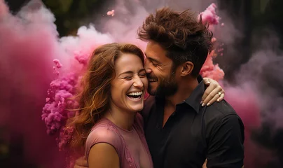 Fotobehang Happy couple having a gender reveal party. pink smoke grenade outdoors. It's a girl. Gender reveal party concept. Couple in love © annebel146