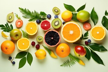 Creative summer tropical fruits top view, white background