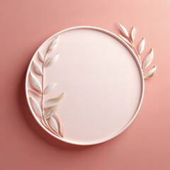 pink shaped round display plate with white leaves background sample photo podium.Created with generative Ai technology.	
