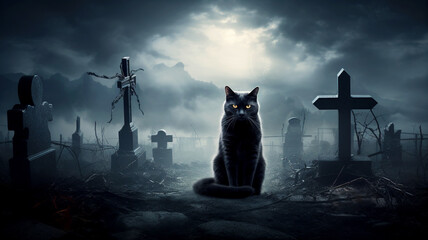 Black cat in the cemetery on Halloween night. - obrazy, fototapety, plakaty