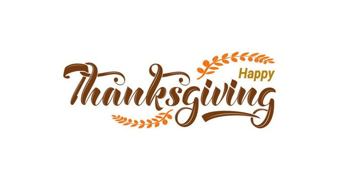 Happy Thanksgiving. Handwritten text animation with leaves ornament on the white screen alpha channel. Great for celebrations, events, and festivals. Transparent background, easy to put into any video