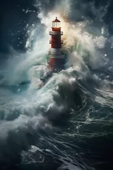  Lighthouse in danger in the middle of a sea storm surrounded by big waves © IgnacioJulian