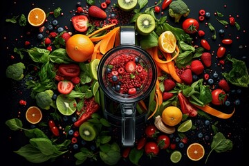 Top view of a blender and fresh fruits and vegetables on a kitchen table - 644933943