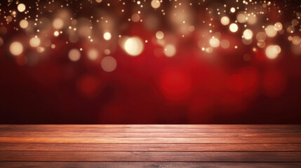 Close up of empty old wooden table over magic red Christmas background