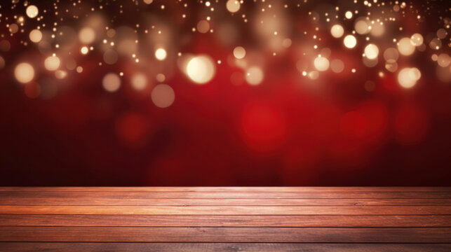 Close up of empty old wooden table over magic red Christmas background