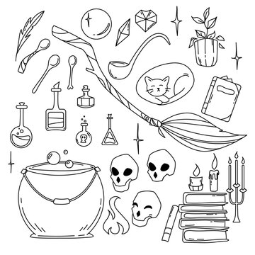 Fllat simple hand drawn icons. Witchcraft items and wizardy graphic