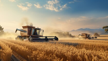 Harvester harvesting agriculture, wheat field with golden ears, crops for Africa. Made in AI