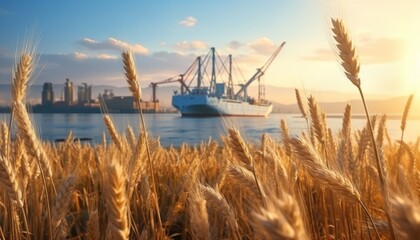 Wheat field near the seaport with a ship, cargo transportation of grain to africa. Made in AI