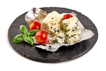 Roquefort style Blue Cheese, isolated on white background.