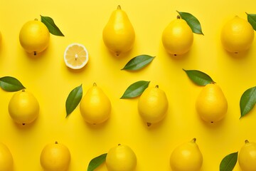 Fresh yellow fruits arranged in a square on yellow background