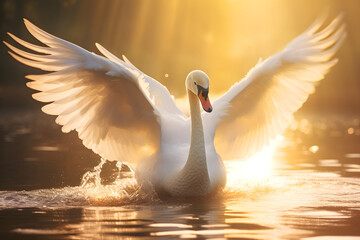 Beautiful swan with spread wings on gentle sunlight - obrazy, fototapety, plakaty