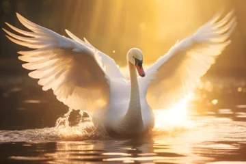 Zelfklevend Fotobehang Beautiful swan with spread wings on gentle sunlight © Boris